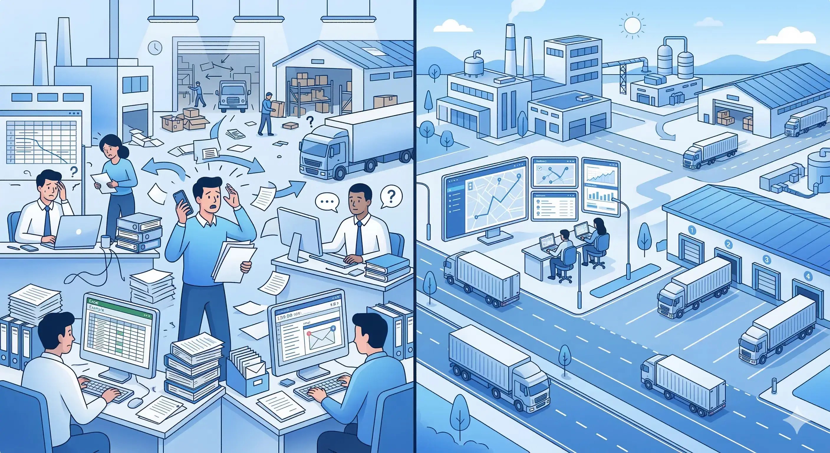 antes y después en la gestión del transporte en fabricantes industriales pasando de Excel y caos operativo a sistema digital estructurado