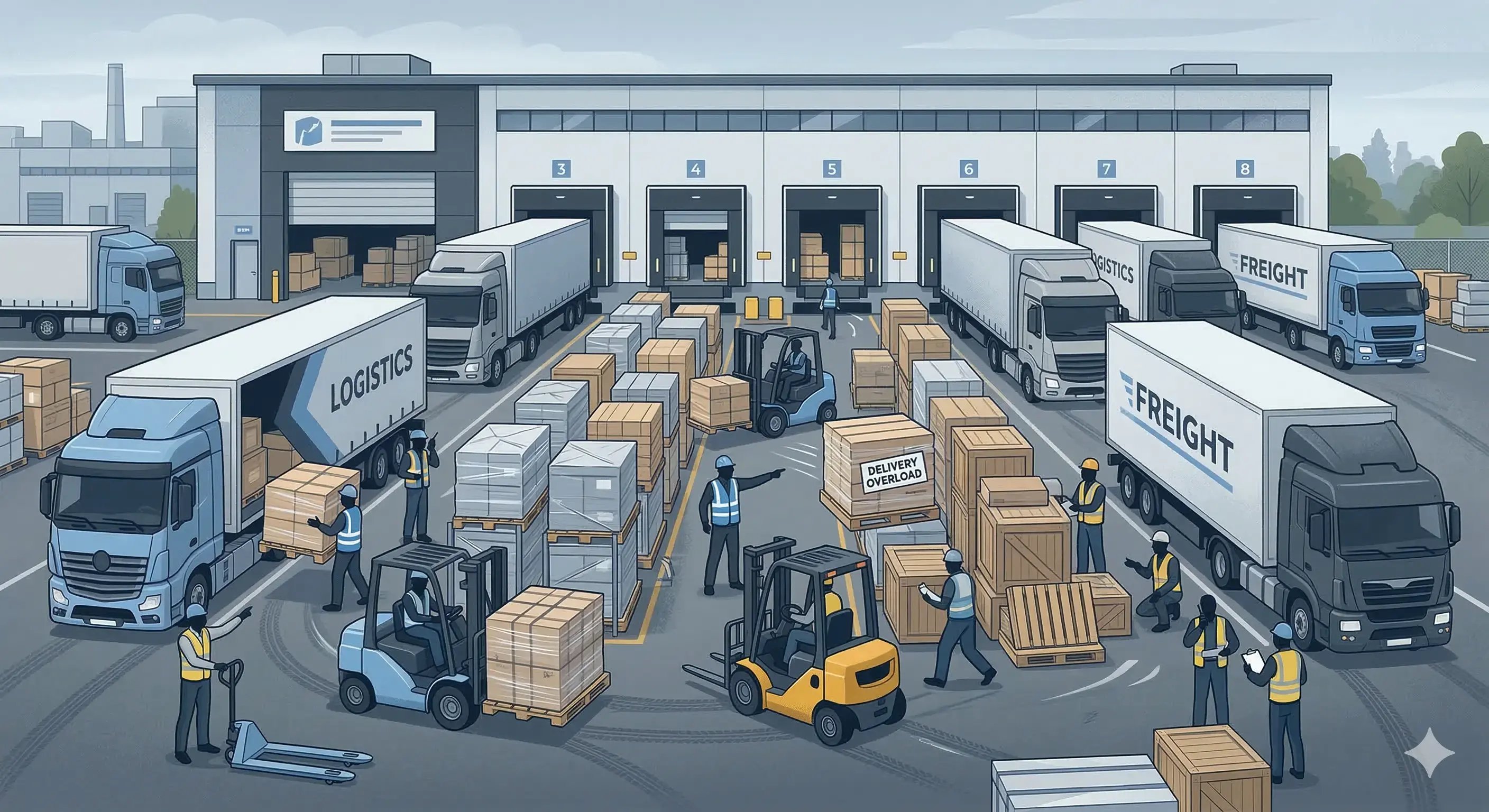 operativa de carga y descarga en muelles logísticos de fabricantes industriales con múltiples camiones y coordinación manual